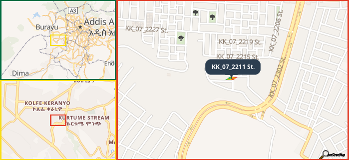 Map showing the address of KK_07_2211 St. in three different zoom levels.