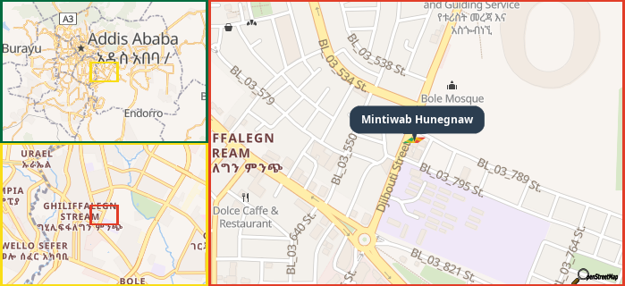 Map showing the address of Mintiwab Hunegnaw in three different zoom levels.