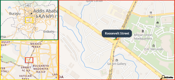 Map showing the address of Roosevelt Street in three different zoom levels.