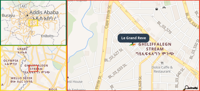 Map showing the address of Le Grand Reve in three different zoom levels.