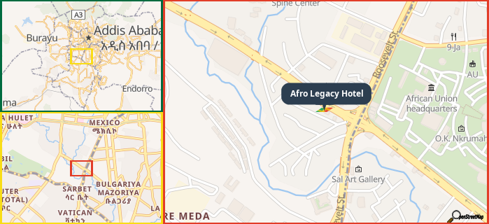 Map showing the address of Afro Legacy Hotel in three different zoom levels.