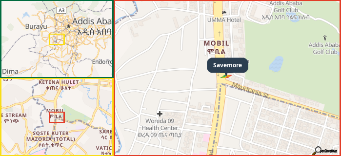 Map showing the address of Savemore in three different zoom levels.