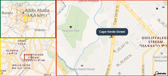 Map showing the address of Cape Verde Street in three different zoom levels.