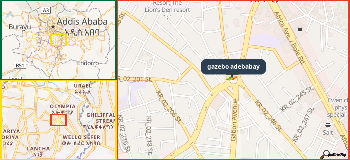 Map showing the address of gazebo adebabay in three different zoom levels.