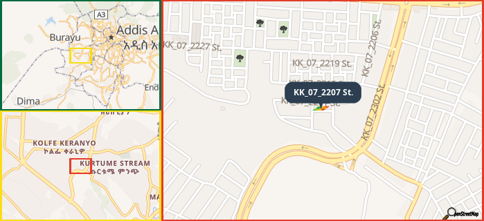 Map showing the address of KK_07_2207 St. in three different zoom levels.