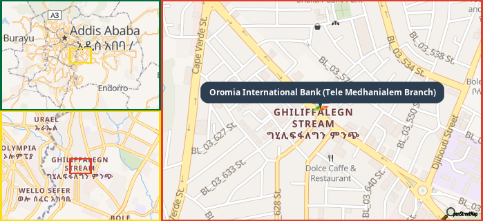 Map showing the address of Oromia International Bank (Tele Medhanialem Branch) in three different zoom levels.