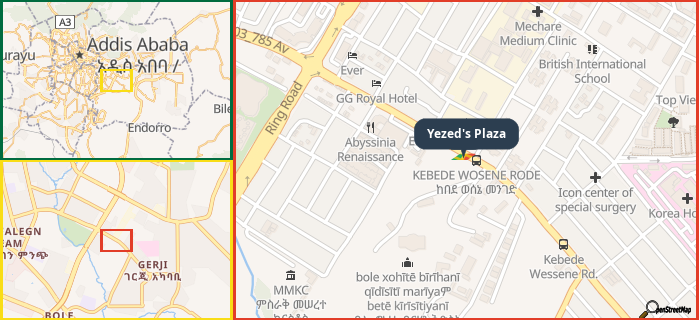 Map showing the address of Yezed's Plaza in three different zoom levels.