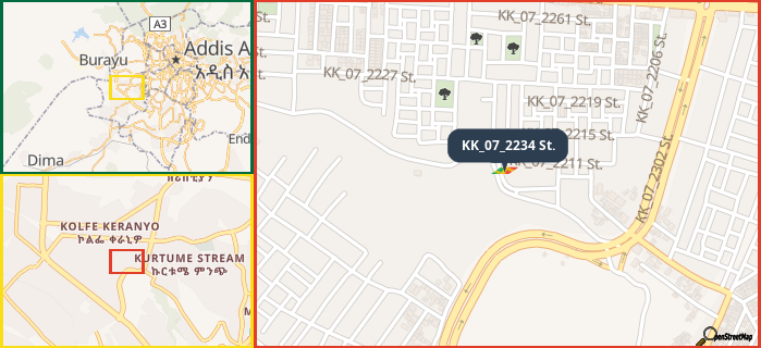 Map showing the address of KK_07_2234 St. in three different zoom levels.