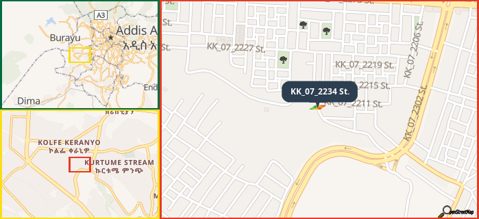 Map showing the address of KK_07_2234 St. in three different zoom levels.