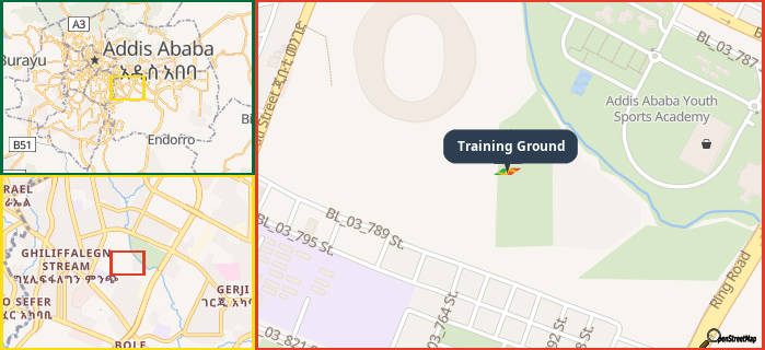 Map showing the address of Training Ground in three different zoom levels.