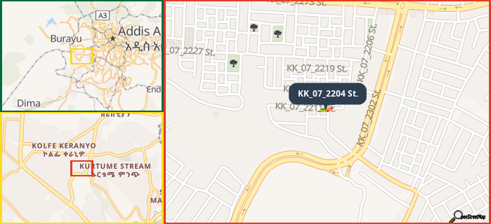 Map showing the address of KK_07_2204 St. in three different zoom levels.