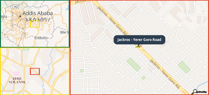 Map showing the address of Jackros - Yerer Goro Road in three different zoom levels.