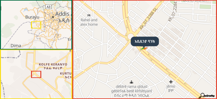 Map showing the address of አቢሲንያ ባንክ in three different zoom levels.