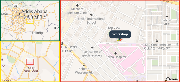 Map showing the address of Workshop in three different zoom levels.