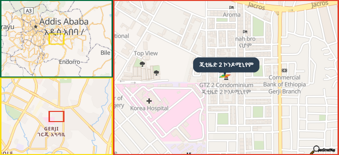 Map showing the address of ጂቲዜድ 2 ኮንዶሚኒየም in three different zoom levels.