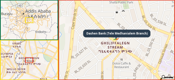 Map showing the address of Dashen Bank (Tele Medhanialem Branch) in three different zoom levels.