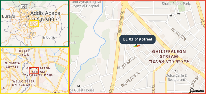 Map showing the address of BL_03_619 Street in three different zoom levels.