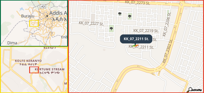 Map showing the address of KK_07_2211 St. in three different zoom levels.