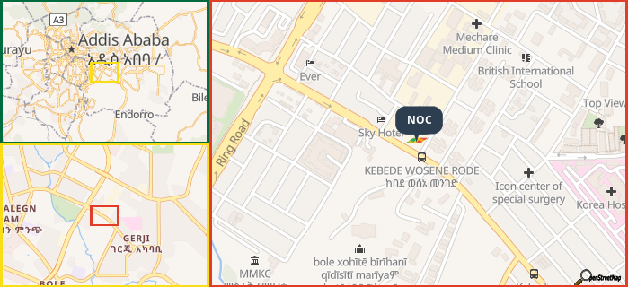 Map showing the address of NOC in three different zoom levels.