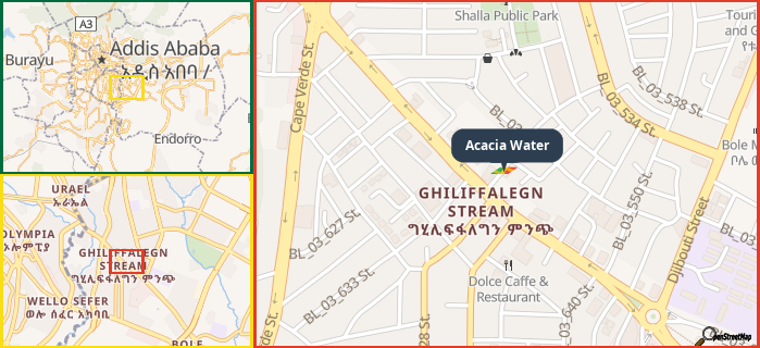 Map showing the address of Acacia Water in three different zoom levels.