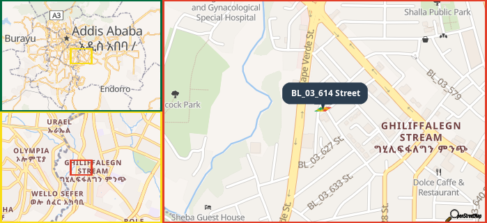 Map showing the address of BL_03_614 Street in three different zoom levels.