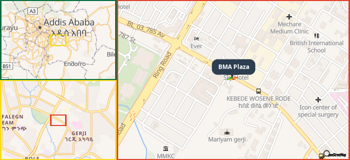 Map showing the address of BMA Plaza in three different zoom levels.