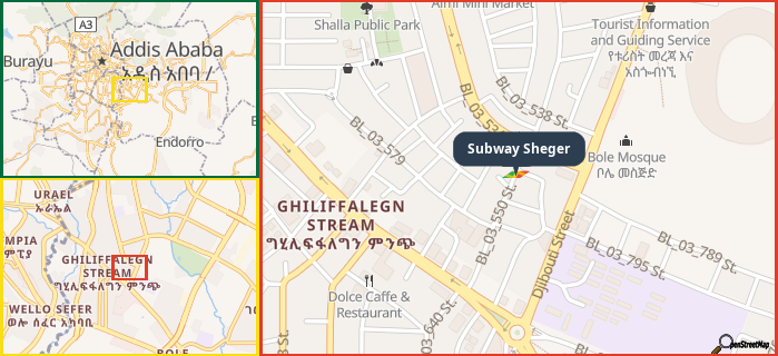 Map showing the address of Subway Sheger in three different zoom levels.