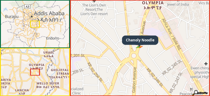 Map showing the address of Chanoly Noodle in three different zoom levels.