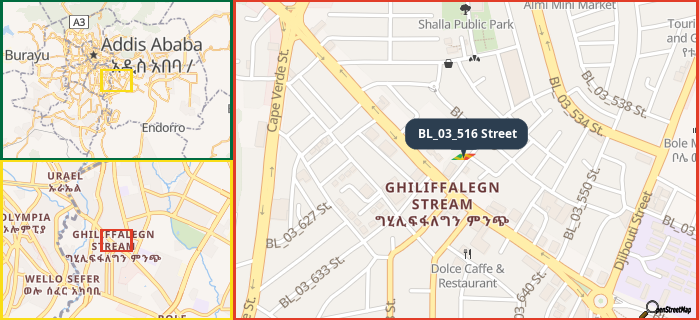 Map showing the address of BL_03_516 Street in three different zoom levels.