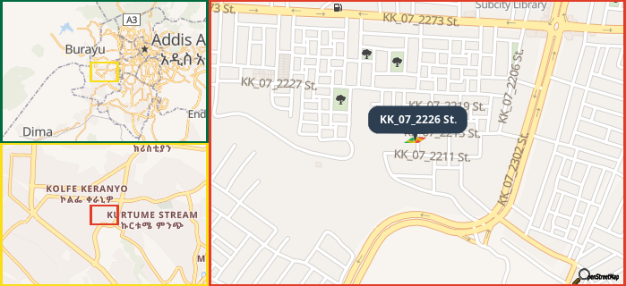 Map showing the address of KK_07_2226 St. in three different zoom levels.