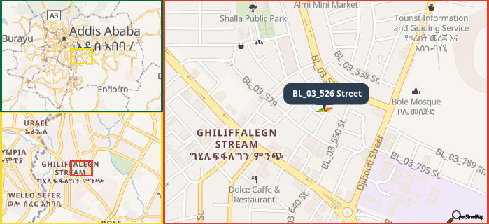 Map showing the address of BL_03_526 Street in three different zoom levels.