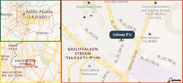 Map showing the address of Subway ሸገር in three different zoom levels.