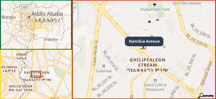 Map showing the address of Namibia Avenue in three different zoom levels.