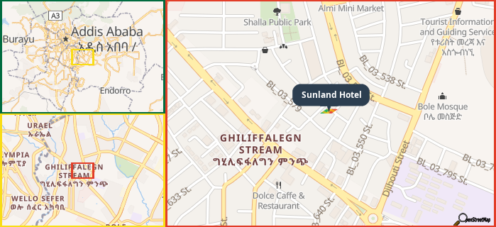 Map showing the address of Sunland Hotel in three different zoom levels.