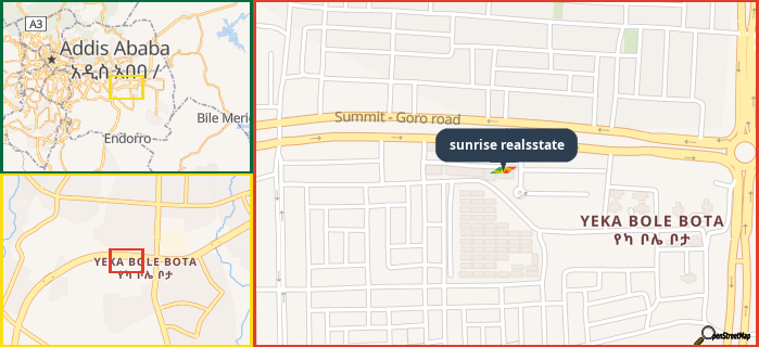 Map showing the address of sunrise realsstate in three different zoom levels.