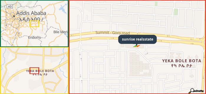 Map showing the address of sunrise realsstate in three different zoom levels.