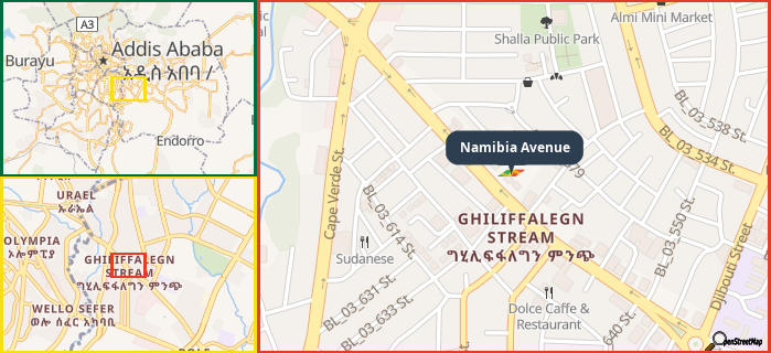 Map showing the address of Namibia Avenue in three different zoom levels.