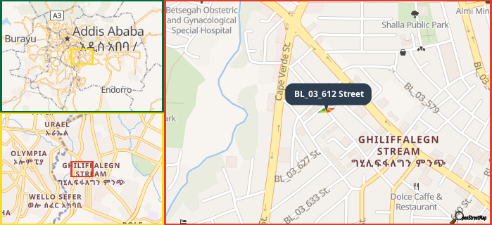 Map showing the address of BL_03_612 Street in three different zoom levels.