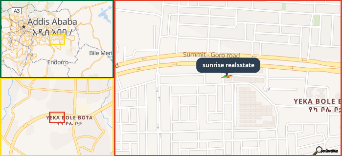 Map showing the address of sunrise realsstate in three different zoom levels.
