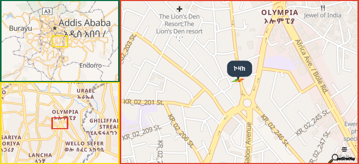 Map showing the address of ኮዛክ in three different zoom levels.