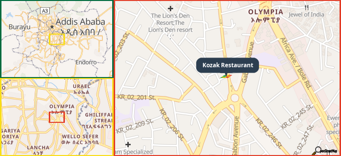 Map showing the address of Kozak Restaurant in three different zoom levels.