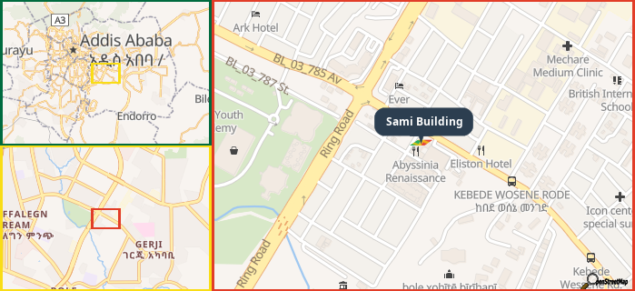 Map showing the address of Sami Building in three different zoom levels.