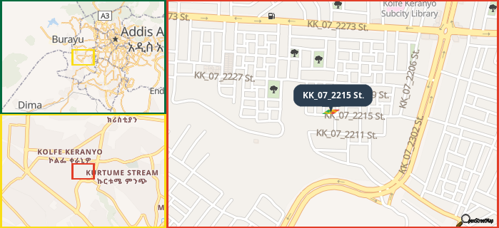 Map showing the address of KK_07_2215 St. in three different zoom levels.