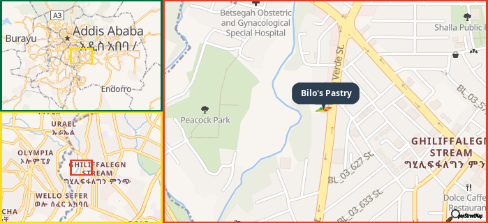 Map showing the address of Bilo's Pastry in three different zoom levels.