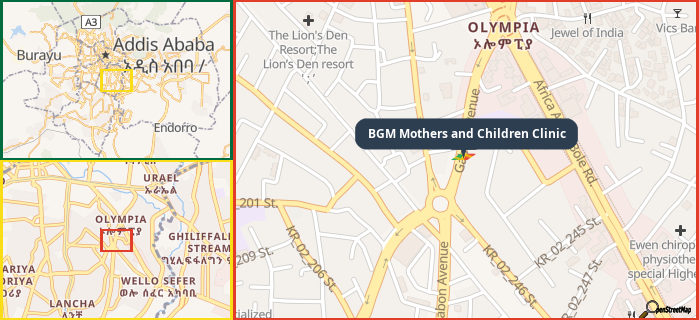 Map showing the address of BGM Mothers and Children Clinic in three different zoom levels.