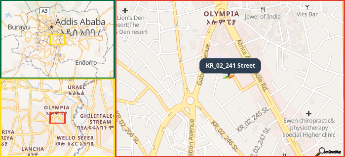 Map showing the address of KR_02_241 Street in three different zoom levels.