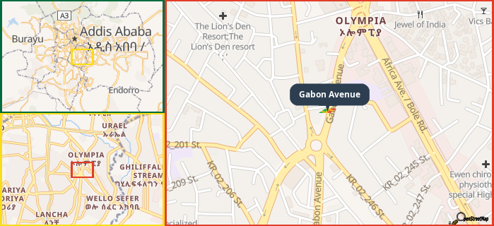 Map showing the address of Gabon Avenue in three different zoom levels.