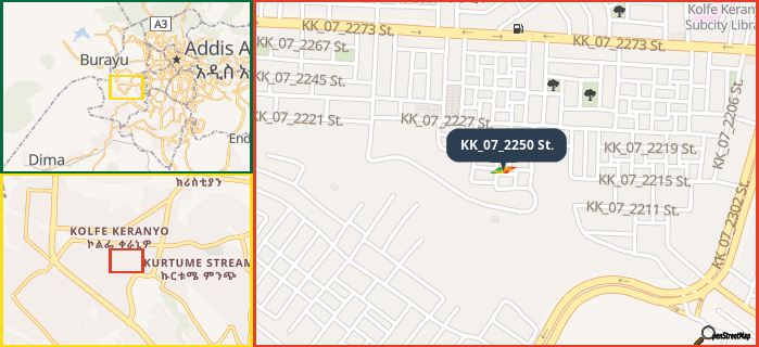 Map showing the address of KK_07_2250 St. in three different zoom levels.