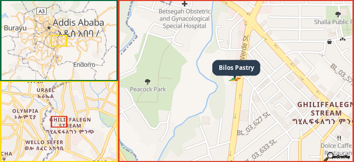 Map showing the address of Bilos Pastry in three different zoom levels.