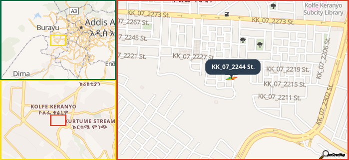 Map showing the address of KK_07_2244 St. in three different zoom levels.